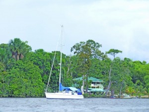 A yacht anchored at a resort on the Essequibo River