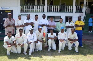 The winning Demerara team pose with GCB’s Anand Sanasi and Dru Bahadur (Photo: Rajiv Bisnauth)