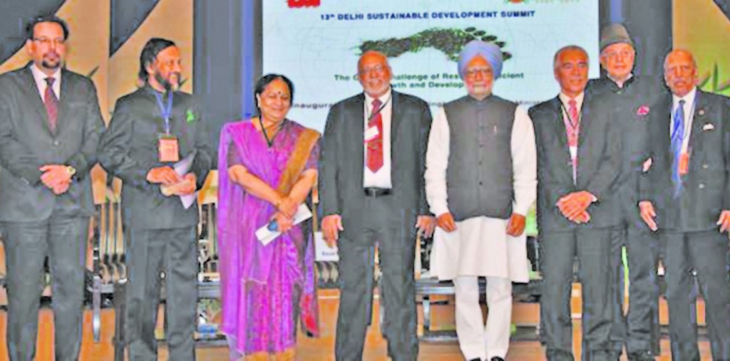 President Ramotar and Indian Prime Minister Manmohan Singh at opening of the Delhi Sustainable Development Summit (DSDS) 2013 in India. Also in photo is Dr. R.K Pachauri, (second from left) Director-General of The Energy and Research Institute (TERI).