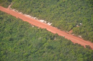 An aerial view of the road to the Amaila Falls under construction