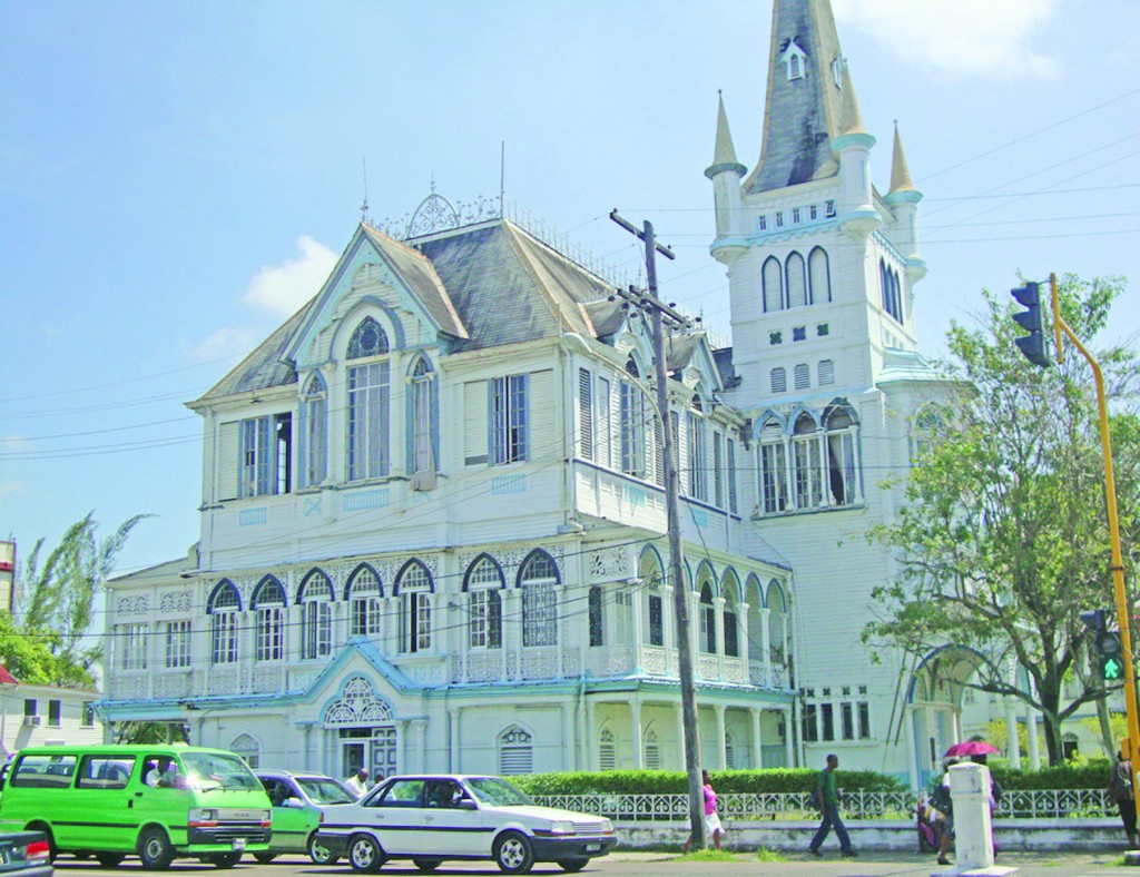 The Georgetown City Hall, located in Georgetown, Guyana was completed in 1889. Its architecture is described as Danube Gothic in timber, largely due to its stylised tower, with wrought – iron crenellations at the very apex.