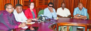 From left to right: People’s Progressive Party/Civic (PPP/C) media coordinator Romel Roopnarine, Executive Secretary Zulfakar Mustafa, Government’s Chief Whip Gail Teixeira, Attorney General Anil Nandlall, Local Government Minister Ganga Persaud, and Junior Finance Minister Juan Edghill during the party’s press conference held at Freedom House on Monday