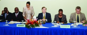 From right: EU Ambassador Robert Kopecky; the Officer in Charge of the Human and Social Development Directorate of the Caricom Secretariat, Myrna Bernard; and U.S. Ambassador D Brent Hardt in the company of other high-ranking officials during the opening ceremony