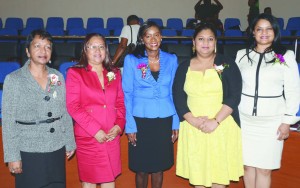 Women and Gender Equality Commission Chairperson Indra Chandarpal, Amerindian Affairs Minister Pauline Sukhai, Human Services Minister Jenifer Webster, Education Minister Priya Manickchand, and government parliamentarian Dr Vindhya Persaud at the women’s symposium at the International Conference Centre at Liliendaal on Friday