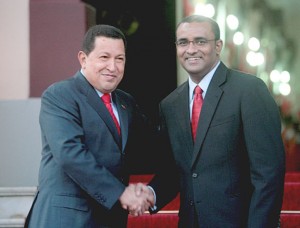 Flashback: The late Venezuelan President, Hugo Chavez, welcomes then President Bharrat Jagdeo at Miraflores Presidential Palace in Caracas during a State visit in July 2010.  