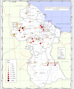 A map depicting potential hydro-power sites in Guyana