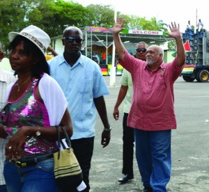 President Donald Ramotar waves to the gathering at the National Park