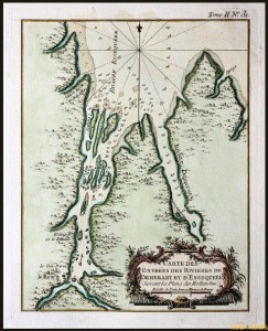 Guyana, Essequibo River South America, Antique Map, Bellin 1758. The origin of Essequibo is still debated. According to some, the Essequibo River was named after Juan de Esquivel, deputy of Don Diego Columbus, son of Christopher Columbus, who, along with his crews from his ships, was the first European to see the river. However, others suggest that it is important to note that the Carib Indians of the area called the river Esscapi.