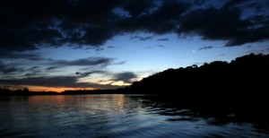 The Rupununi River at sunset near Rewa Village. The river runs from the Brazilian border into the Essequibo.