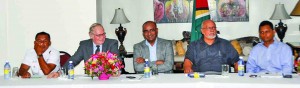 From left to right: NTC Chairman Derrick John, Private Sector Commission head Ronald Webster, former President Bharrat Jagdeo, President Donald Ramotar and Climate Change Unit head Shyam Nokta   
