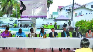 Human Services Minister Jenifer Webster, U.S. Ambassador D Brent Hardt and Georgetown Chamber of Commerce and Industry President Clinton Urling joined with women entrepreneurs at the launch of the Guyana chapter of the WEN