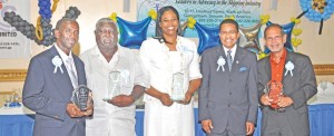 From left to right: Long Service Awardee Andrew Astwood, Award for Innovativeness winner Benjamin’s Marine representative, Outstanding Business Executive Awardee Glenis Hodge, CSA President Grantley Stephenson and the recipient of the SAG Chairman’s Award, Richard Van Sluytman  