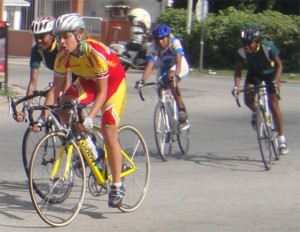 Singh (first left) during a race with top cyclists in Suriname (Photo by Rawle Toney)