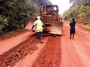 Fibre-optic cable being strung along the Linden-Lethem road from Brazil