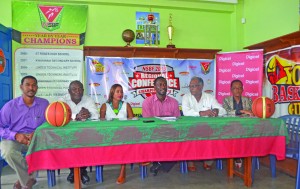 From left: Co-director of the YBG, Rayad Boyce; Banks DIH’s Troy Peters; Beharry’s Anjuli Beharry; Co-director of YBG, Chris Bowman; Director of Sport Neil Kumar; and Digicel’s Shonnet Moore at the launching of the national schools championship  (Treiston Joseph photo)