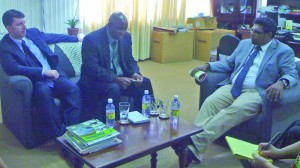 Acting Tourism, Industry and Commerce Minister Irfaan Ali (right) met with Digicel Group Marketing Director  Kieran Foley (left) and the CPL operations manager Carlisle Powell (centre)