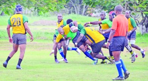 The national 15’s rugby squad during the final trial match on Saturday afternoon at the National Park in Georgetown