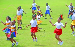Guyanese citizens were urged to adapt a healthy lifestyle during World Challenge Day celebrations. In photo; pupils of School of the Nations wowed the crowd with a jump rope display 