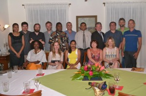 Participants of the familiarisation trip at the cocktail reception hosted by British High Commissioner Andrew Ayre (fourth from right standing) and Wilderness Explorers. Also in photo is Guyana Tourism Authority Director Indranauth Haralsingh (fifth from right standing)