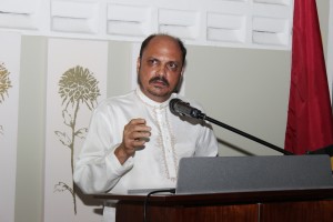 Health Minister Dr Bheri Ramsaran addressing the reception hosted by Canadian High Commissioner David Devine