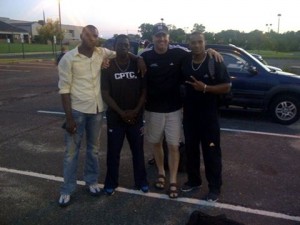 From left: Retired Guyanese sprinter Lee Prowell, Winston George, Coach Joseph Ryan and Adam Harris at the track meet in New Jersey