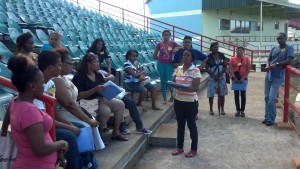 Volunteers assigned to ushering and hospitality going through their paces at the Guyana National Stadium, Providence