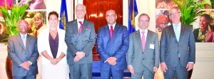 Some of the members of the Commonwealth Expert Group on Climate Finance with former President Bharrat Jagdeo who heads the group. Commonwealth Secretary General Kamalesh Sharma is third from left