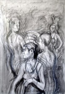 The artist used pencil, pen, chalk, and ink on paper to create this piece 'Feminine Juxtaposition' in 1989