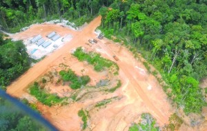 An aerial view of a camp set up to carry out work on one of the roads to the Amaila Falls project, Region Seven 