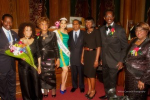 Miss Guyana World 2012 Arti Cameron with a group of Who's Who in the Guyana and Caribbean Diaspora at Brooklyn Borough Hall during celebrations to mark Guyana's 47th Independence Anniversary.