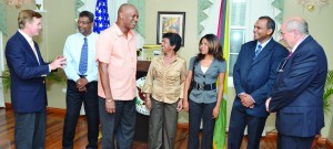 From left to right: U.S. Ambassador to Guyana D Brent Hardt; Alliance For Change leader Khemraj Ramjattan; A Partnership for National Unity Member of Parliament Joseph Harmon; People’s Progressive Party/Civic Member of Parliament Indra Chandarpal;  APNU MP Africo Selman; Culture, Youth and Sport Minister Dr Frank Anthony; and LEAD Chief of Party Glenn D Bradbury at the launching of LEAD