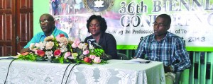 From left: GTU President Colin Bynoe, General Secretary Coretta McDonald and Public Relations Officer Marlon Laing addressing the media at the press conference on Wednesday 