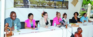 Members of the head table at the launch of Amerindian Heritage Month. From left to right: sports organiser Eghen Mayers, Heritage Village coordinator Alexi La Rose, ceremonial launch coordinator Jude Da Silva, adviser to the minister of Amerindian Affairs Yvonne Pearson, Stephen Campbell Reflections coordinator Sharon Hicks, pageant coordinator Jolene Brown and heritage coordinator Claire Emanuel 