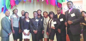 Members of the University of Guyana International Affairs Association. From left: Kadasi Ceres, Donette Gilbert, Keon Thom, Latrecia Belle, Le-Shante Marks, Kirly Bacchus, Latoya Garraway, Abigail Adams, Travez Daly, and Derwayne Wills 