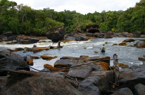 Guides portaging a boat through rapids on Rewa river (Photo by David Johnstone)