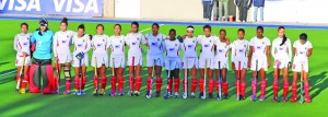 The Guyanese girls lined-up for the playing of the national anthem prior to the start of the game 