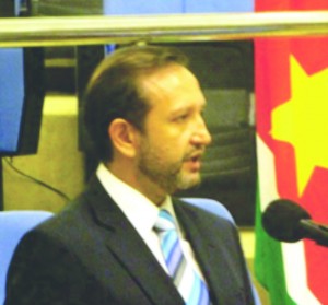 ACTO Executive Director Ambassador Mauricio Dorfler speaking at the Amazon Cooperation Treaty Organisation’s fifth high-level meeting at the Guyana International Conference Centre  