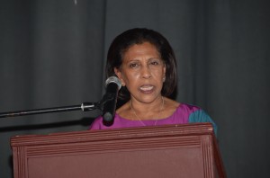 First Lady Deolatchmie Ramotar speaking at the International Peace Day awareness event held at the Theatre Guild, Kingston, Georgetown on Saturday