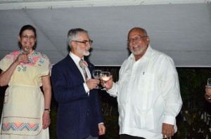 President Donald Ramotar and Mexican Ambassador to Guyana Francisco Olguin toast on the occasion of Mexico’s 203rd Independence anniversary reception at the Georgetown Club