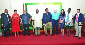 From left: Guyana Prize for Literature Management Committee General Secretary Al Creighton; Guyana Prize for Literature Jury Chairman, Professor Jane Bryce; President Donald Ramotar; and University of Guyana Vice Chancellor Dr Jacob Opadeyi with the prize winners Ruel Johnson, Ian McDonald, Cassia Alphonso, Mosa Mathifa Telford, and Chaitram Singh