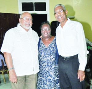 President Donald Ramotar and Opposition Leader David Granger with Reverend Valeska Austin, the first female pastor of the Ebenezer Congregational Church at Den Amstel during the church’s 170th anniversary celebration