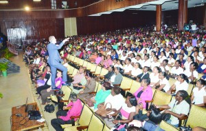 Leading American educator Ron Clark in his own style tries to motivate local teachers to be better educators during a workshop at the National Cultural Centre (Carl Croker photo) 