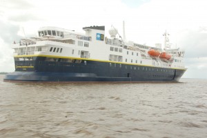 The National Geographic Explorer docked in the Essequibo River