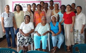 Some Periwinkle Club members who are breast cancer survivors, along with those who provide support