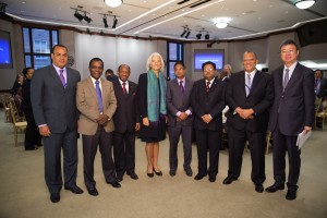 From left to right: Bahamian Minister of State for Finance Michael Halkitis, Grenadian Prime Minister Keith Mitchell, St Kitts and Nevis’ Prime Minister Denzil Douglas, IMF Managing Director Christine Lagarde, Trinidad and Tobago’s Central Bank Governor Jwala Rambarran, Guyanese Finance Minister Dr Ashni Singh, Jamaican Finance Minister Michael Phillips and IMF Deputy Managing Director Min Zhu