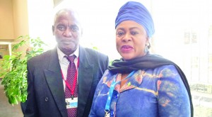 Public Works Minister Robeson Benn with Nigeria’s Aviation Minister, Princess Stella Adaeze-Oduah at the 38th ICAO General Assembly in Montreal, Canada 