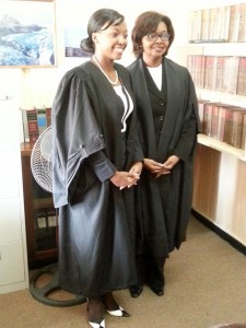 Delicia (left) with Madame Justice Dawn Gregory during the ceremony of being addmitted to the Guyana Bar Association