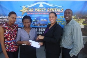 Star Party Rentals representative Pheona Jones (second from left) presents the sponsorship cheque to national player Tiffany Solomon. Sharing the moment are Kesheka Washington (left) of Star Party Rentals and GHB Vice-president Ivor Thompson