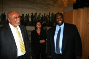 President Donald Ramotar and First Lady Deolatchmie Ramotar share a light moment with Martin Luther King III, son of the late Reverend Dr Martin Luther King Jr