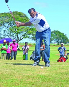 Sport Minister Dr. Frank Anthony about to tee off to signal the start of the second annual President’s Cup golf tourney on Saturday (Photo: Rajiv Bisnauth)